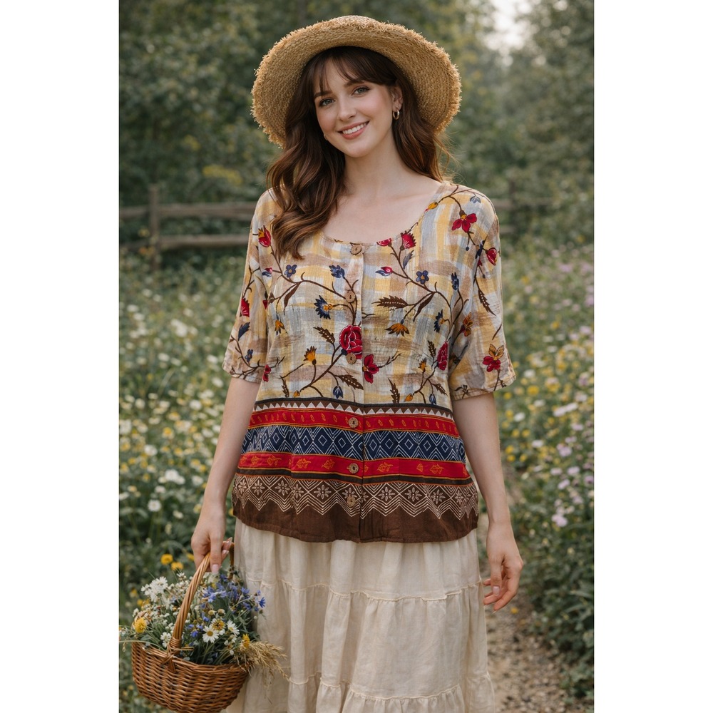Cottagecore Boho Y2K 80s Vintage‎ Retro Tan Red Blue Floral Button Up 14 Blouse